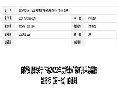 自然资源部：2022年度稀土矿钨矿开采总量控制指标（第一批）公布
