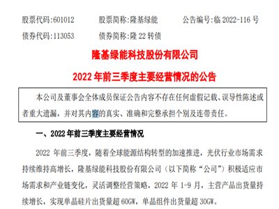 隆基绿能：前三季单晶硅片出货量超60GW