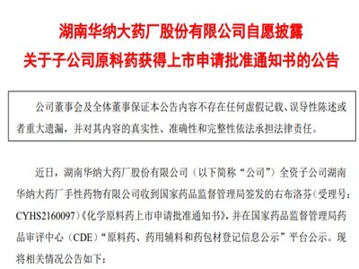 华纳药厂：右布洛芬获上市申批，力争做大做强化药产业