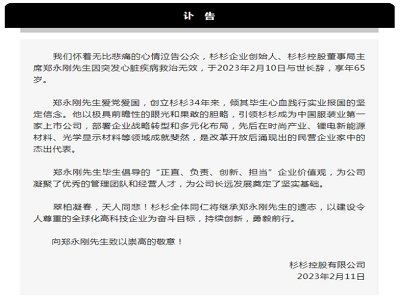 锂电材料龙头-杉杉股份创始人郑永刚过世