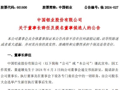董建雄辞任中国铝业董事长，史志荣提名董事会执行董事候选人