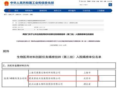 「胶原/磷酸钙复合材料」攻关任务，爱美客揭榜