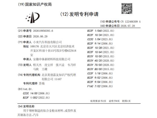 小米汽车联合中体新材申报钛合金3D打印专利